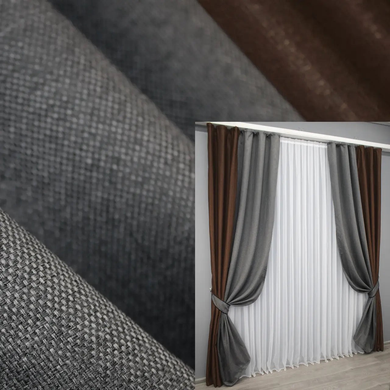 Brown (Chocolate, Mocha, Coffee) and Gray (Charcoal, Slate, Ash) combined linen curtains with a natural two-tone design, perfect for modern home interiors.