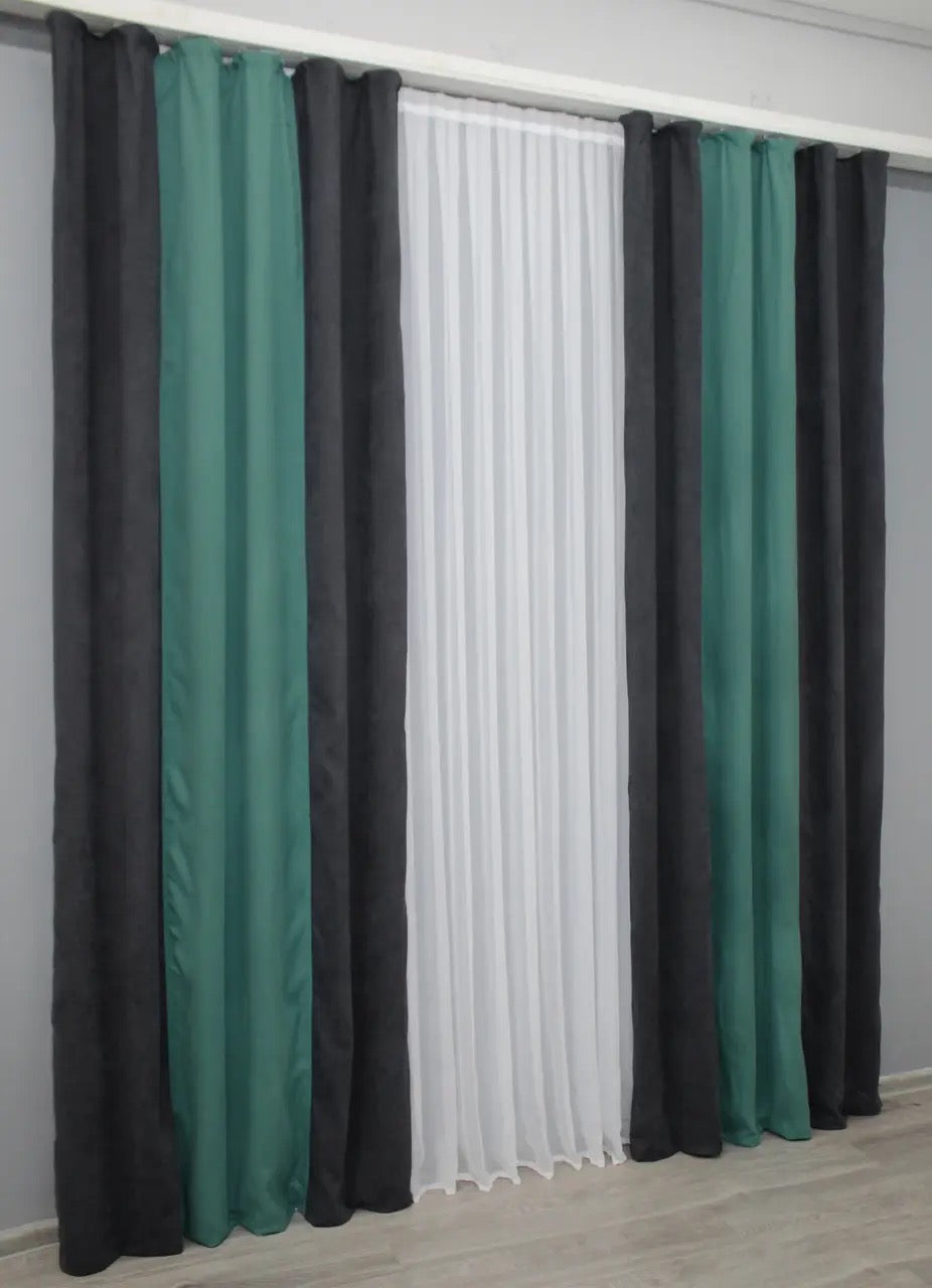 Refined two-tone charcoal (graphite) and turquoise (jade, aqua) combined microvelvet curtains, perfect for modern and classic interiors.