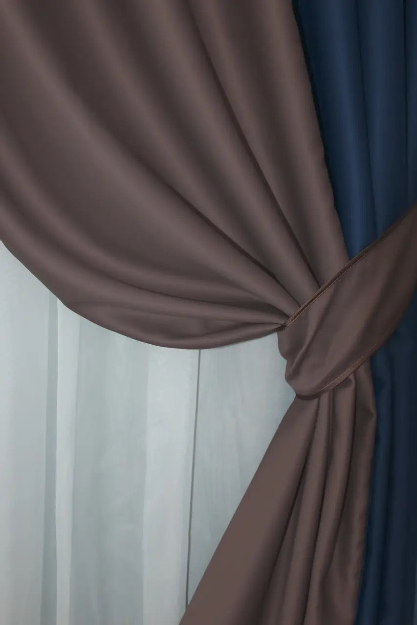 Refined two-tone combined blackout curtains in dark blue (Navy, Midnight, Ink) and brown (Chocolate, Coffee, Walnut), perfect for modern and classic interiors.