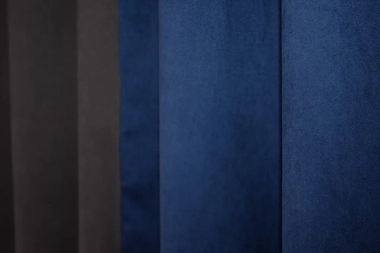 Refined two-tone combined microvelvet curtains in graphite and blue, perfect for modern and classic interiors.