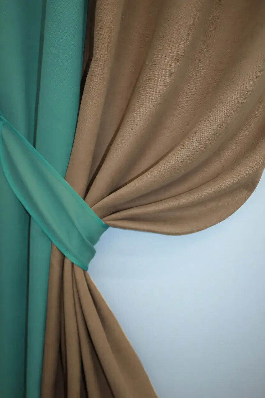 Refined two-tone combined microvelvet curtains in turquoise (Teal, Aqua) and brown (Chocolate, Mocha), perfect for modern and classic interiors.
