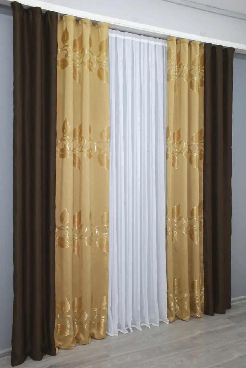 Refined two-tone wenge brown (chocolate) and gold (bronze, brass) combined blackout jacquard curtains, perfect for modern and traditional interiors.