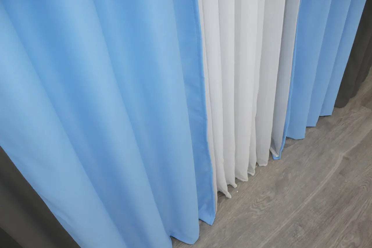 Two-tone grey and blue combined jacquard curtains with soft, dimout fabric for a luxurious and refined look.