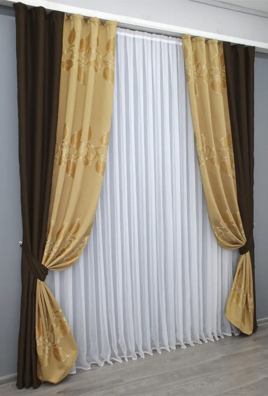 High-quality combined blackout jacquard curtains in wenge brown (dark brown, chocolate) and gold (golden, brass), enhancing any space with stylish contrast.