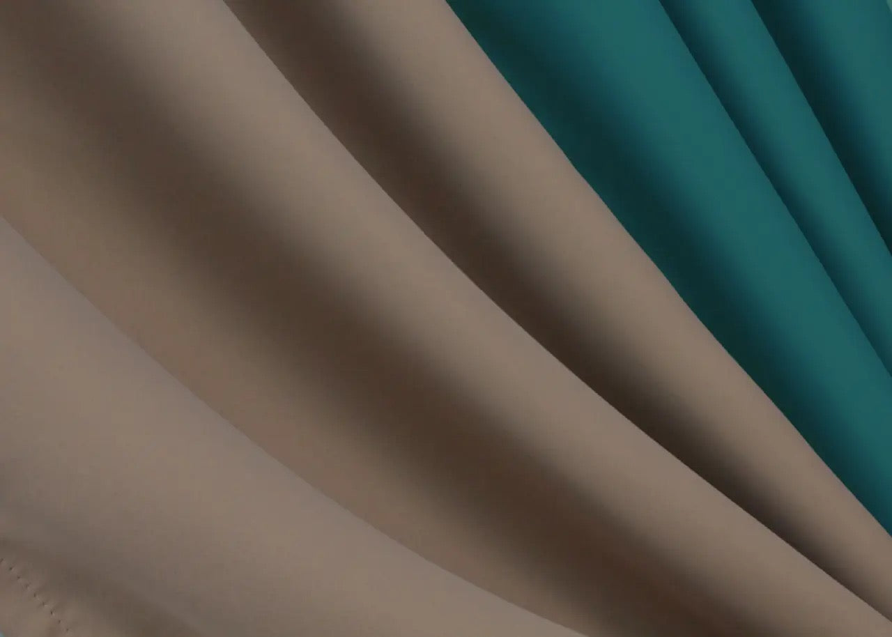 Emerald (also known as Bottle Green) and dark beige (also called Taupe or Camel) combined blackout curtains, perfect for creating a luxurious and sophisticated living room.