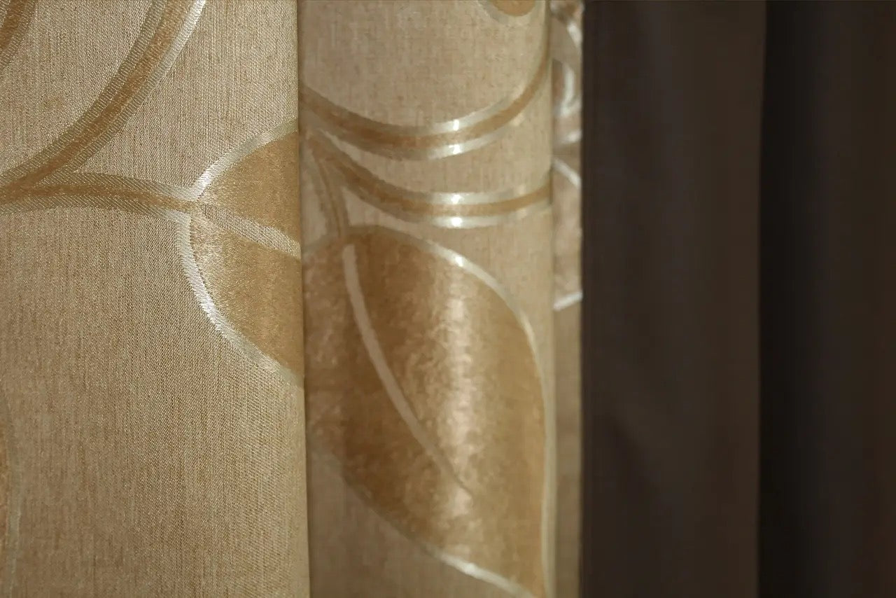 Dark brown (wenge, chocolate) and brass (gold, bronze) combined blackout jacquard curtains with excellent light filtering and sophisticated design.