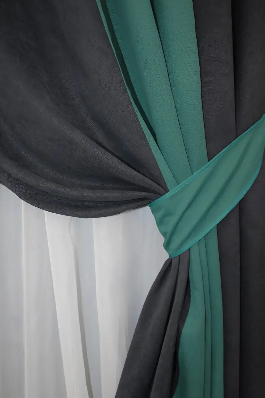 Dark grey (anthracite) and jade (emerald, teal) combined microvelvet curtains with excellent light filtering and sophisticated design.
