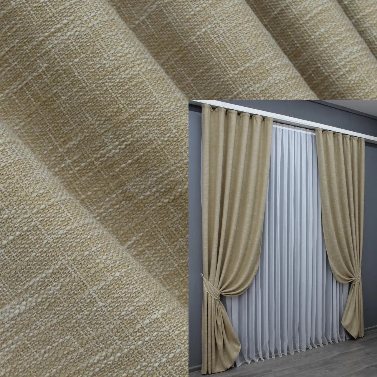Light beige rustic linen curtains with a coarse woven texture, ideal for Scandinavian, modern, and cosy interiors.