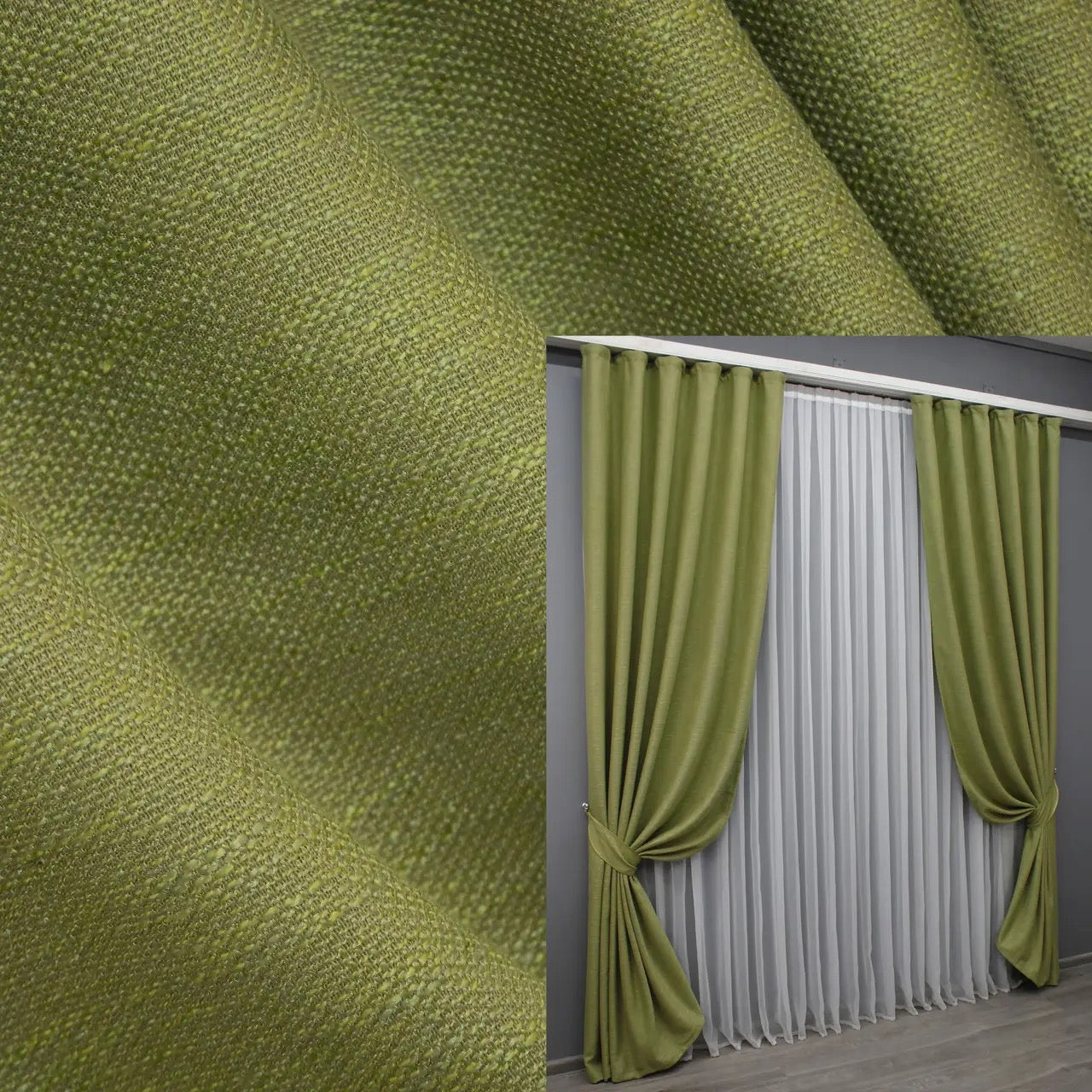 Light green linen curtains with a natural coarse woven texture, ideal for eco-friendly, modern, and rustic interiors.