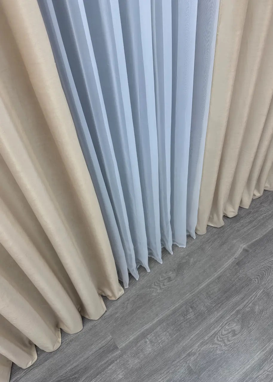 Linen beige velvet curtains with a timeless design, suitable for both contemporary and traditional spaces.