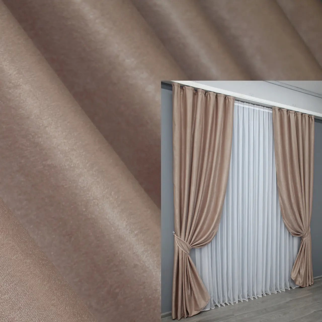 Luxurious beige velvet curtains with a plush texture, perfect for blackout and noise reduction in living rooms and bedrooms.
