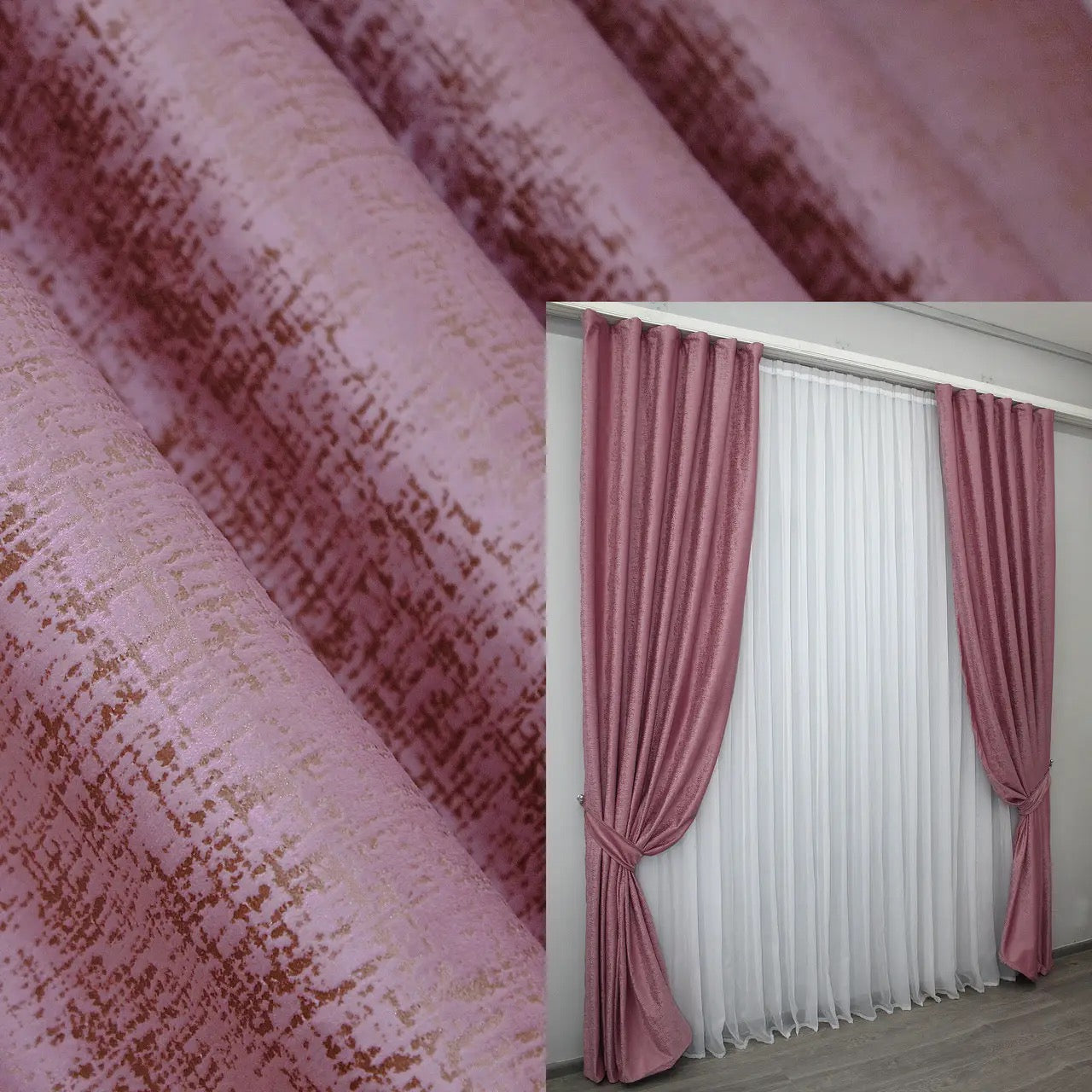 Luxurious pink with gold velvet curtains offering a rich texture and 90% light blocking, perfect for living rooms and bedrooms.