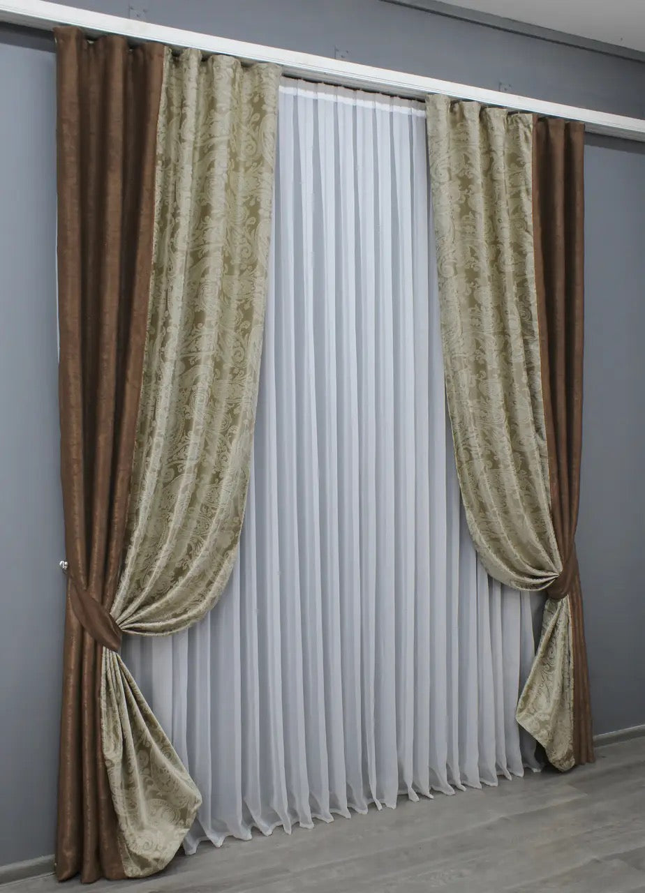 Elegant brown and beige soft fabric curtains, designed to bring warmth and style to your living room or office space with a luxurious drape.