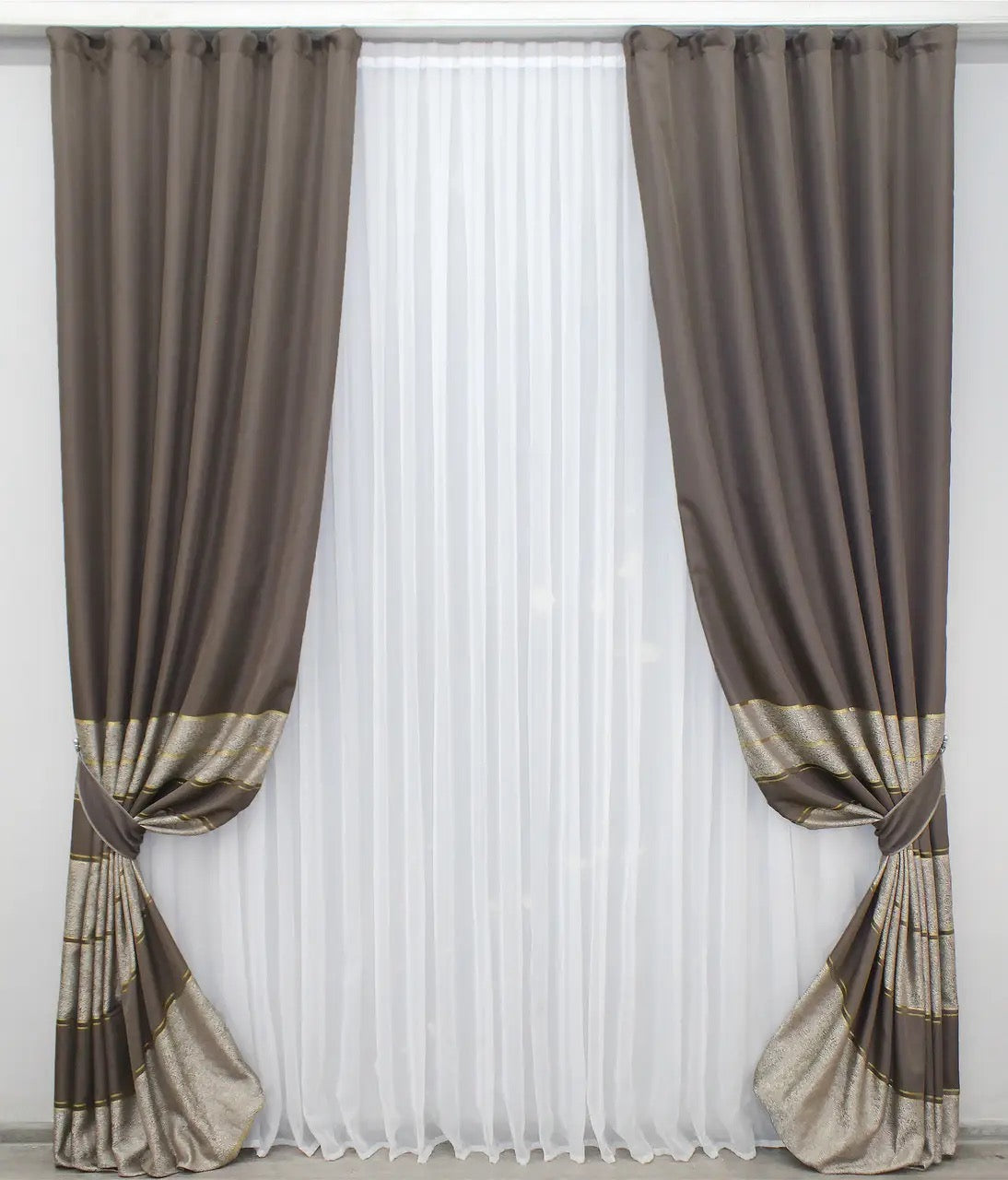 Luxury cappuccino and gold linen drapes with a subtle striped pattern for refined interiors.