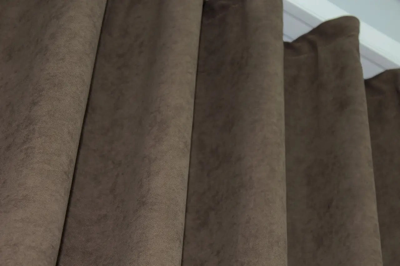 Rich earthy brown microvelvet drapes, ideal for contemporary and traditional home décor.