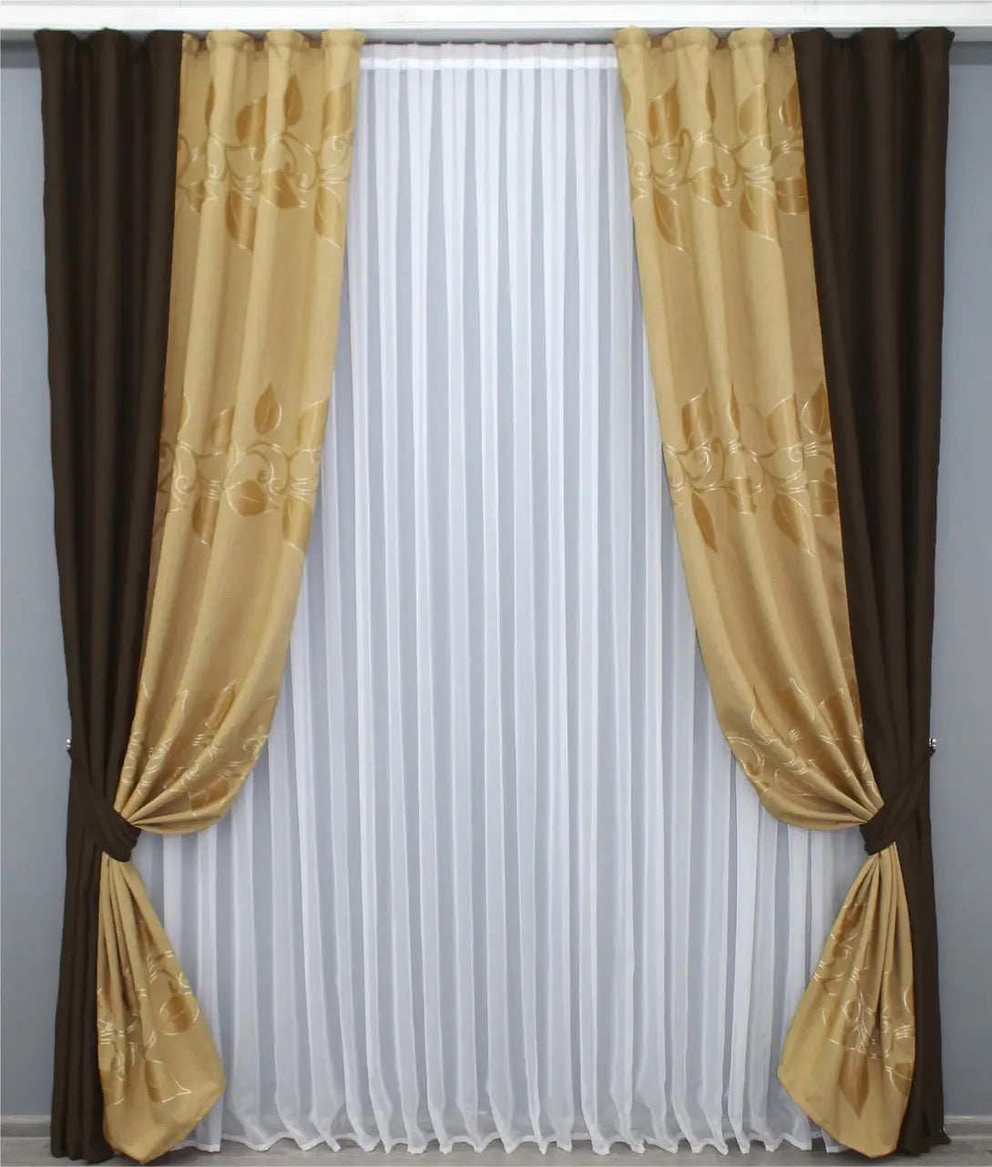 Elegant wenge brown (chocolate) and gold (brass, bronze) combined blackout jacquard curtains offering a sophisticated look for bedrooms and living rooms.