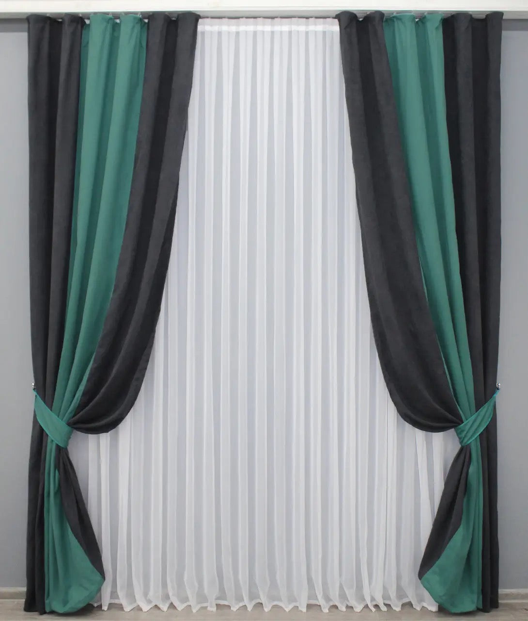 Elegant graphite (charcoal) and teal (aqua, jade) combined microvelvet curtains offering a sophisticated look for bedrooms and living rooms.