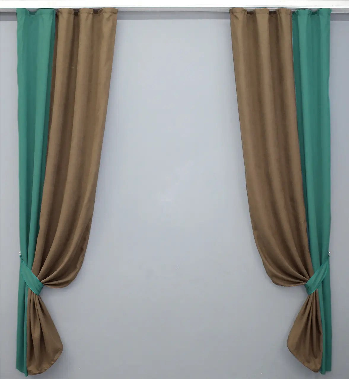 Elegant turquoise (Teal, Aqua) and brown (Chocolate, Mocha) combined microvelvet curtains offering a sophisticated look for bedrooms and living rooms.