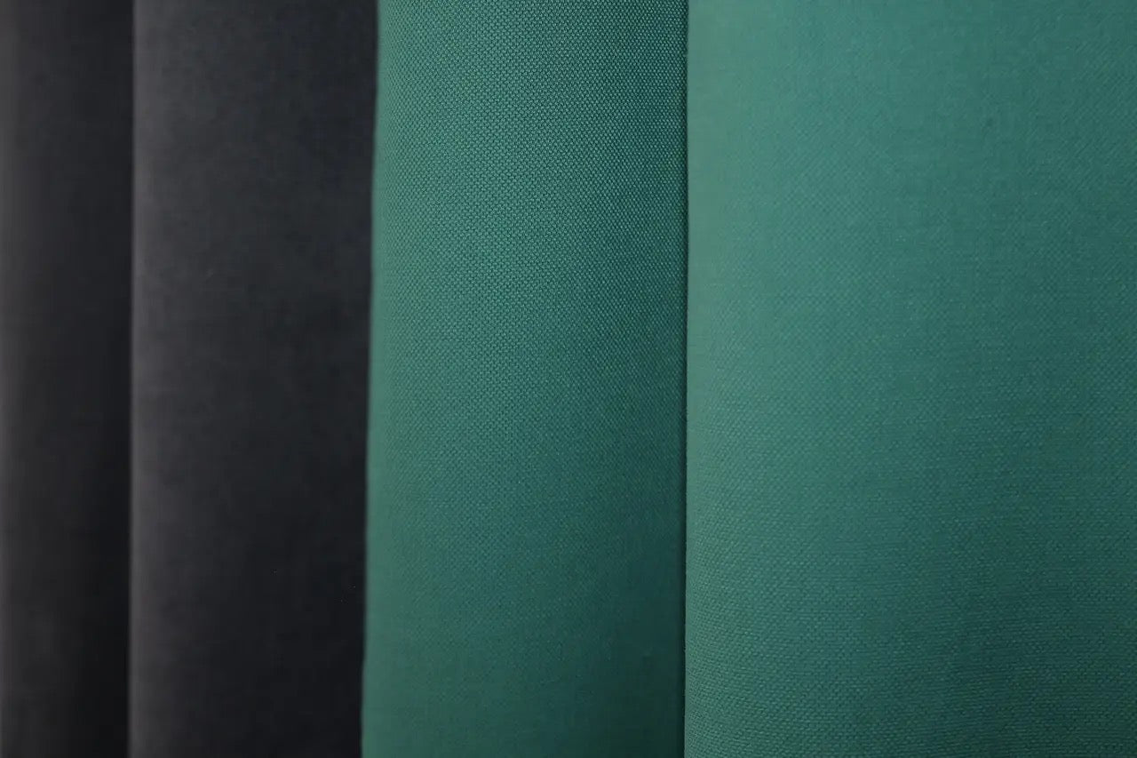 Stylish combined microvelvet curtains in graphite (charcoal) and teal (jade, turquoise), adding depth and elegance to contemporary décor.