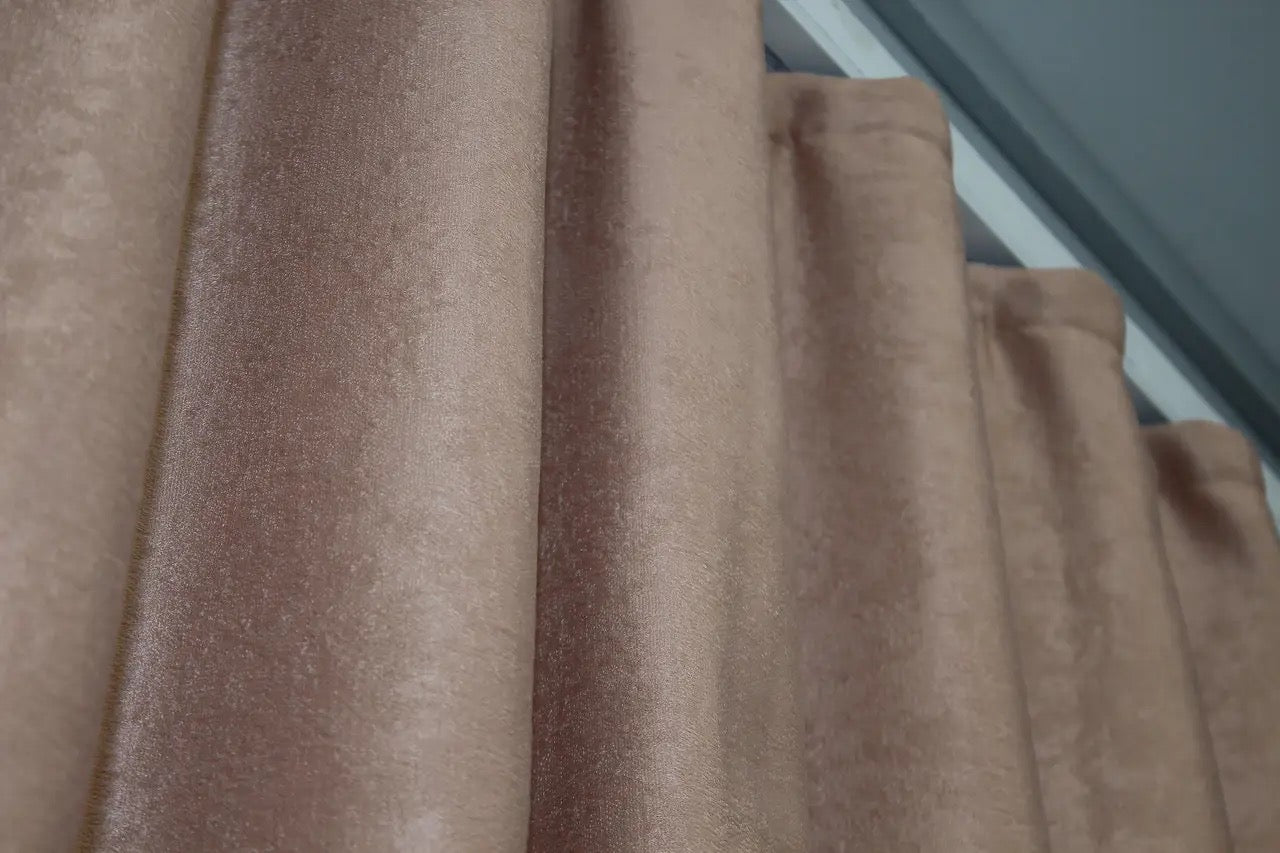 Muted mink velvet curtains with premium plush fabric, perfect for a warm and inviting home ambiance.