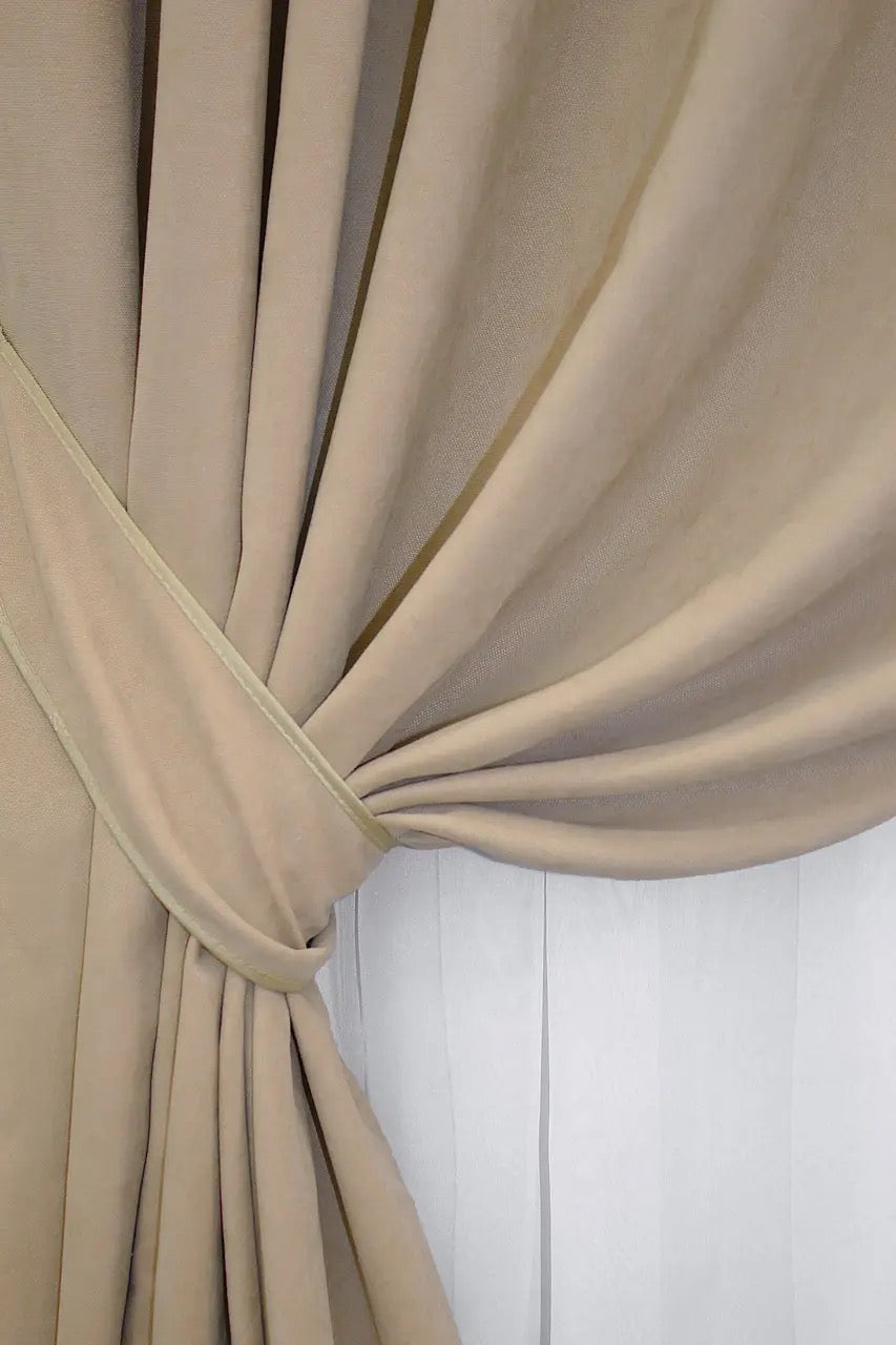 Soft beige microvelvet curtains with effortless installation, ideal for bedroom and living room styling.