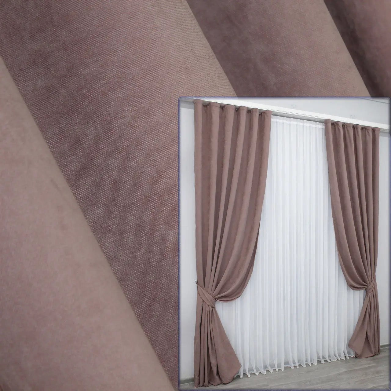Elegant powder pink microvelvet curtains with a soft drape, perfect for modern and classic interiors.