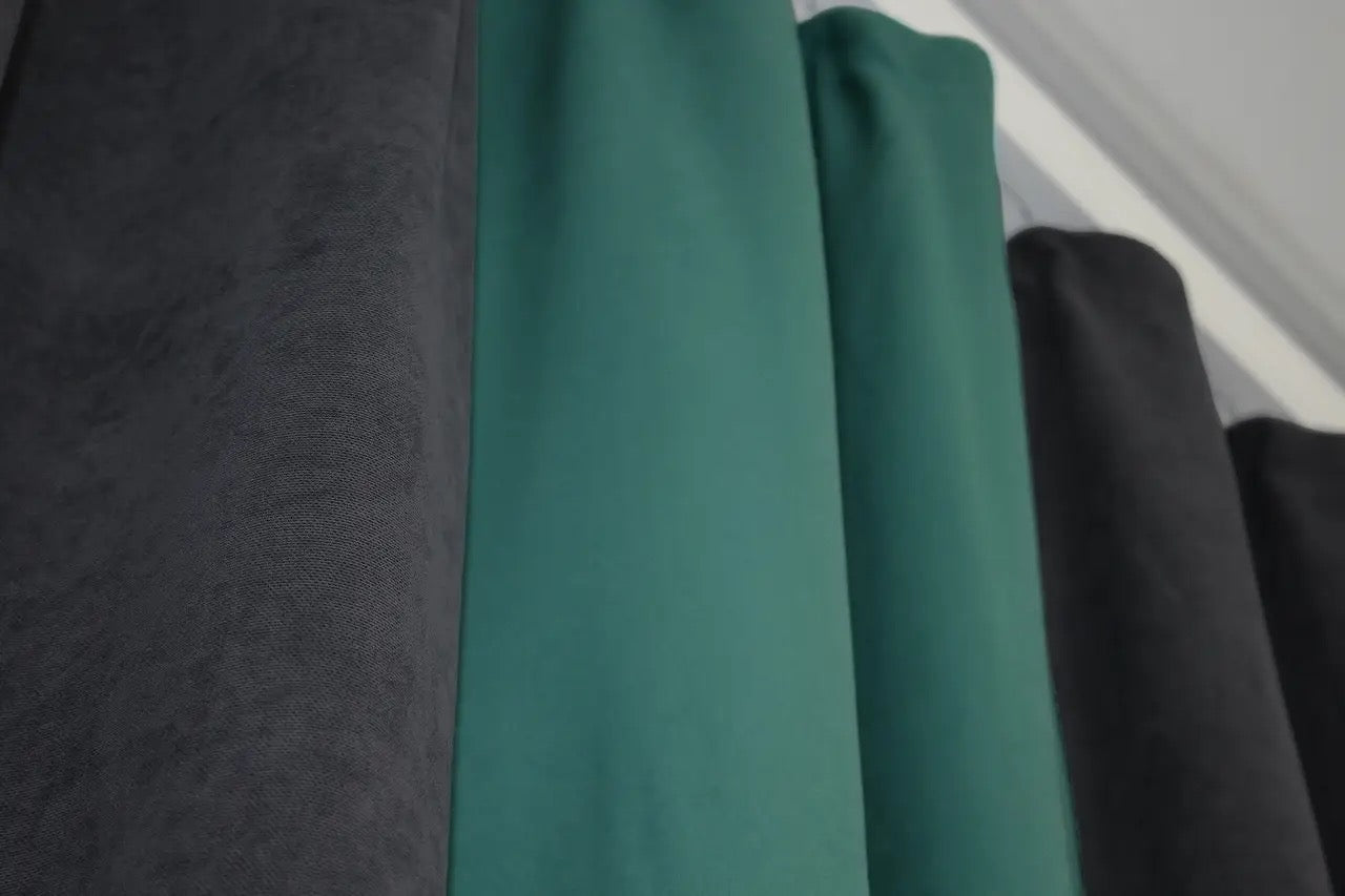 Elegant and stylish anthracite (charcoal) and aqua (emerald, turquoise) combined microvelvet curtains for a contemporary and cozy atmosphere.