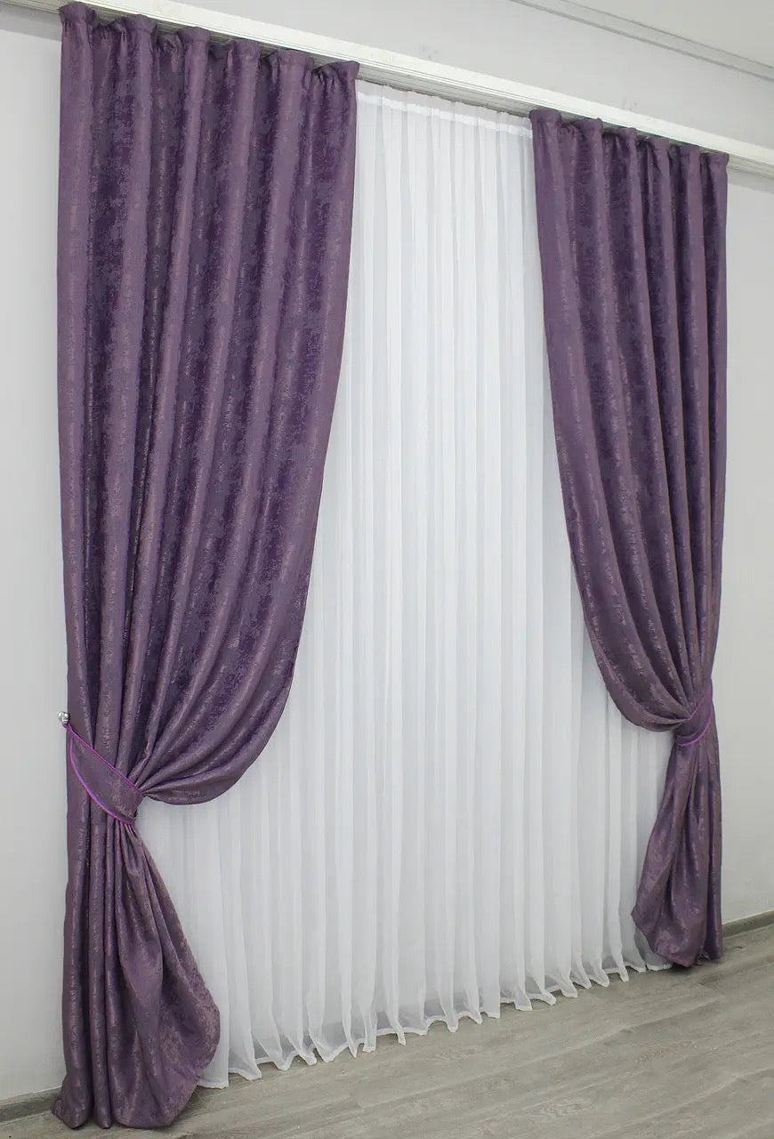 Stylish purple jacquard curtains designed with 70% light-blocking fabric for privacy while allowing soft natural light.