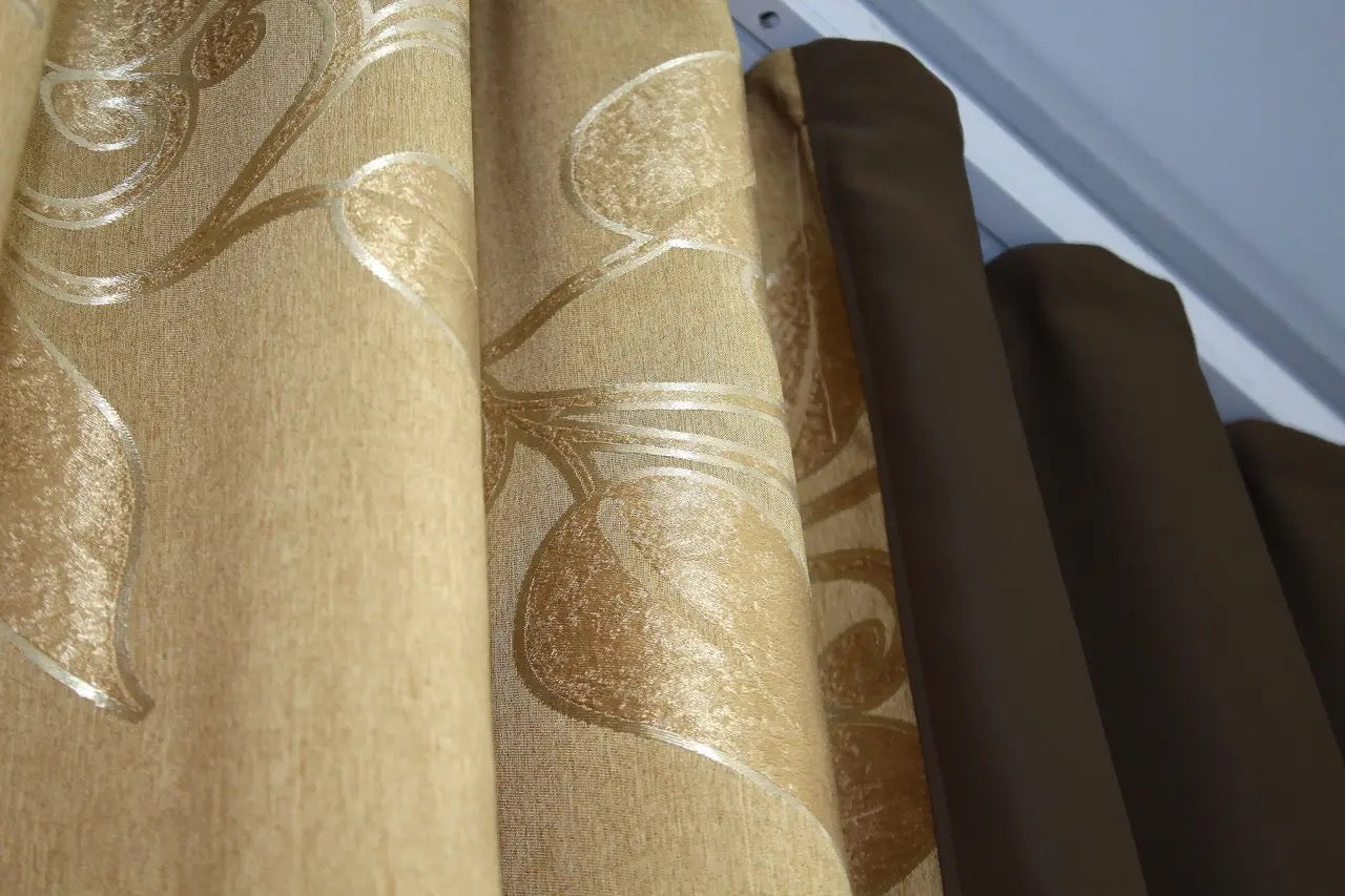 Dark brown (wenge, chocolate) and bronze (gold, brass) combined blackout jacquard curtains featuring a bold yet refined contrast for luxury interiors.