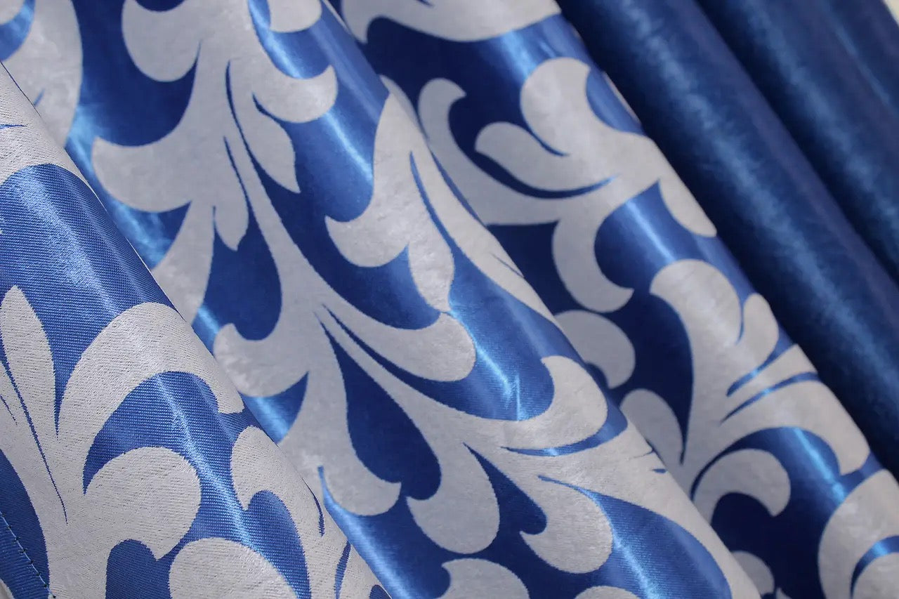 Stylish high-quality combined blackout soft curtains with a blue and grey contrast, perfect for elegant interiors.