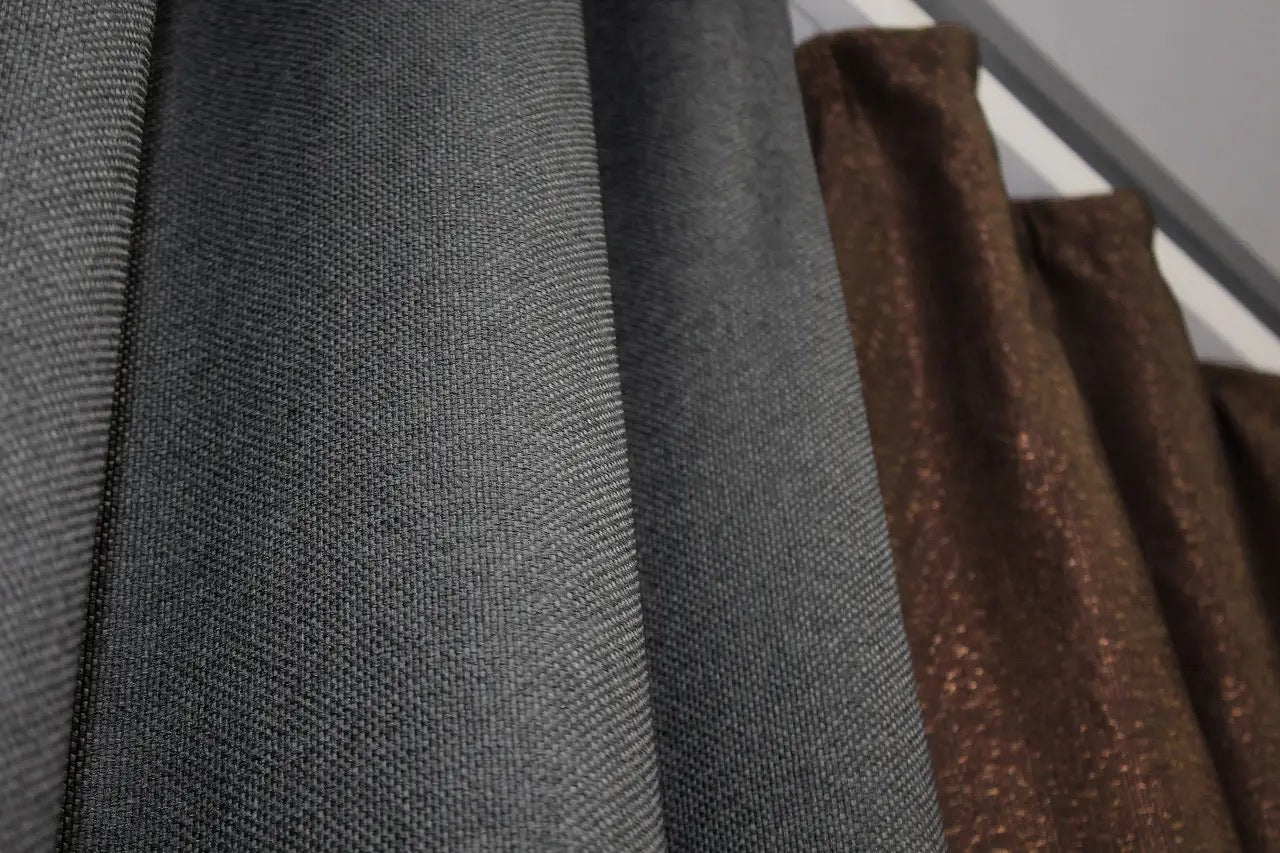 Brown (Chocolate, Mocha, Coffee) and gray (Charcoal, Slate, Ash) combined linen curtains featuring a bold yet refined contrast for luxury interiors.