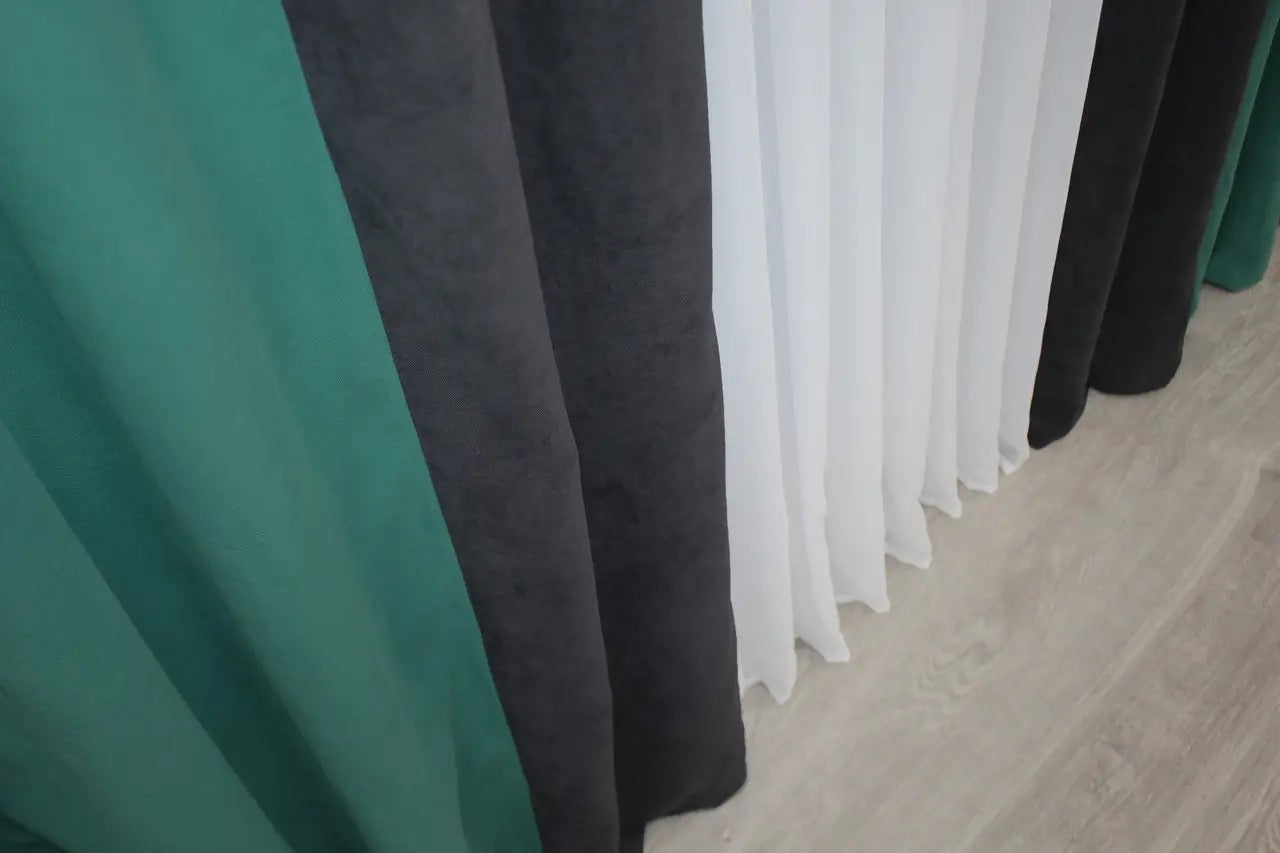 Dark grey (graphite) and turquoise (emerald, teal) combined microvelvet curtains featuring a bold yet refined contrast for luxury interiors.