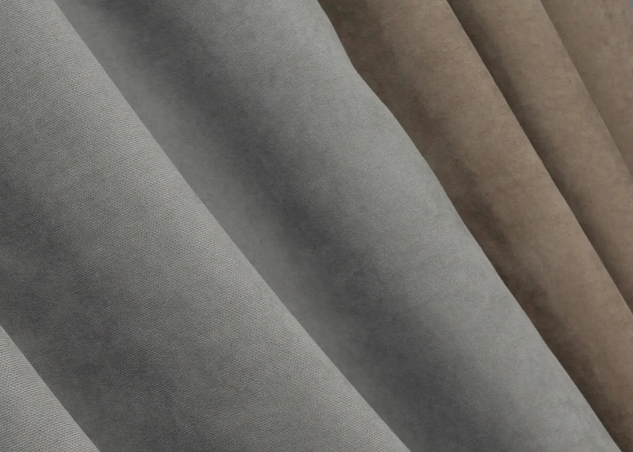 Stylish light cocoa and grey microvelvet curtains from the "Sparta" collection, blending warmth and contemporary style for any sophisticated space.
