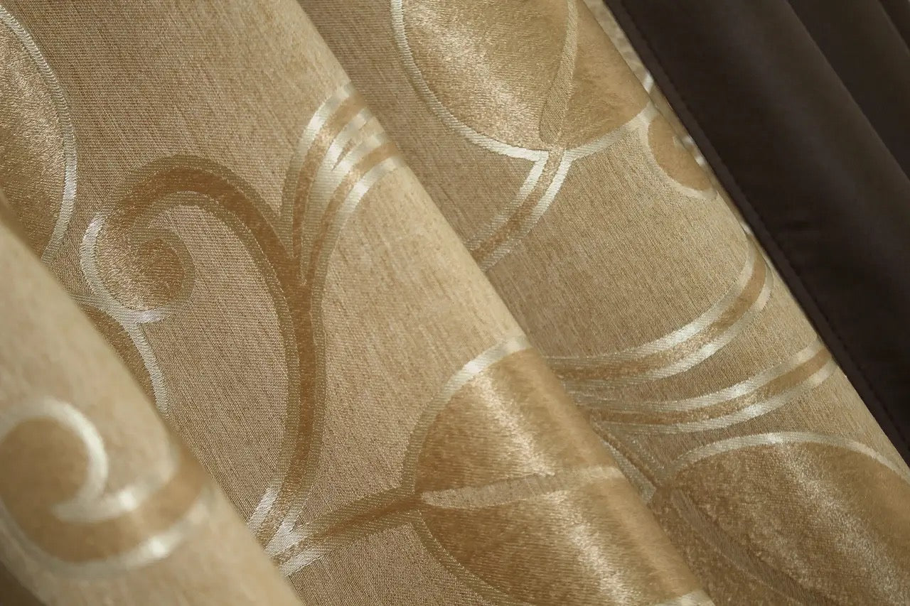 Two-tone wenge brown (dark brown, chocolate) and gold (bronze, brass) combined blackout jacquard curtains with a rich texture for a chic and elegant look.