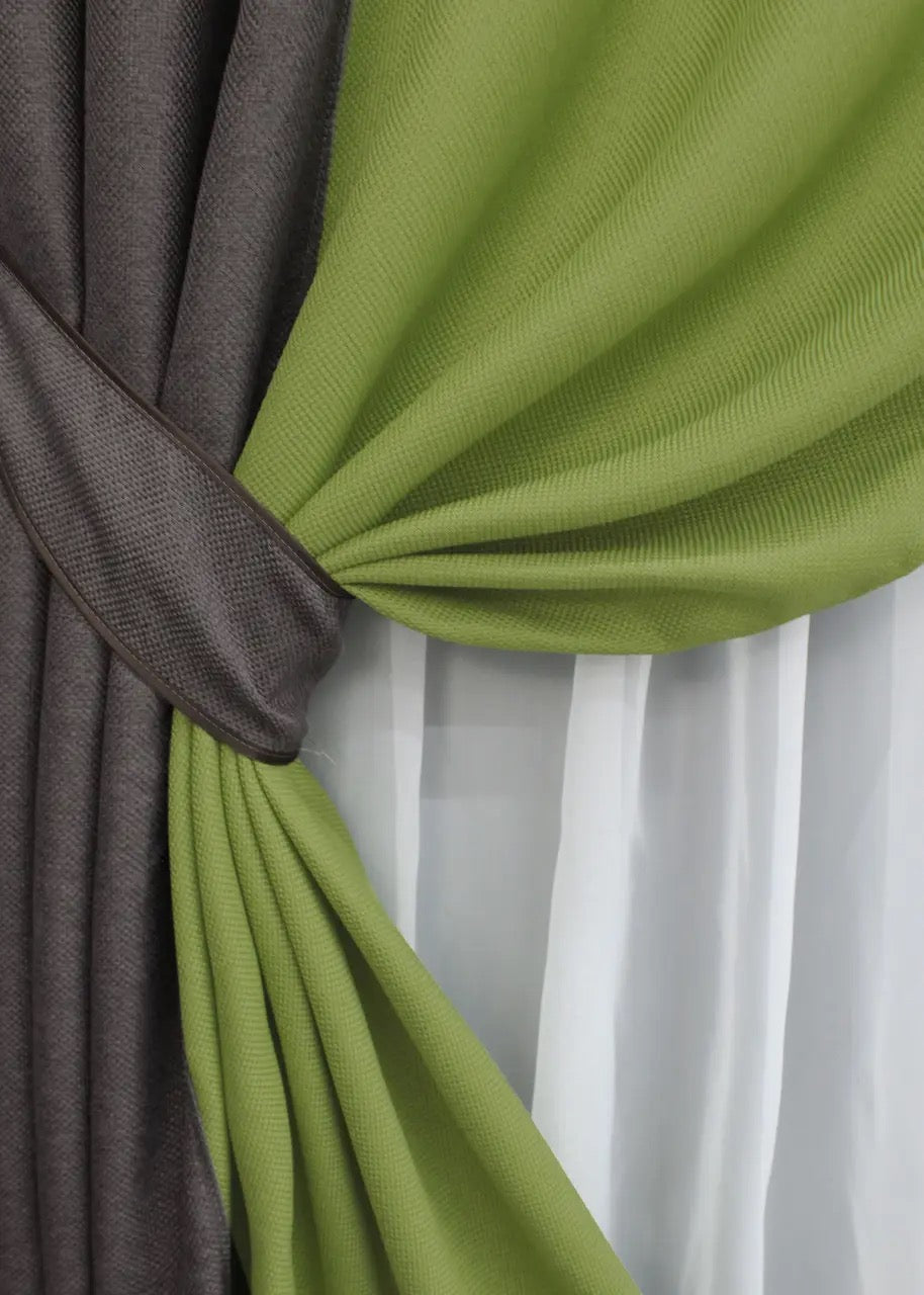 Unique grey-brown and lime green combined linen blackout curtains, offering a natural yet bold aesthetic for a modern and chic interior.