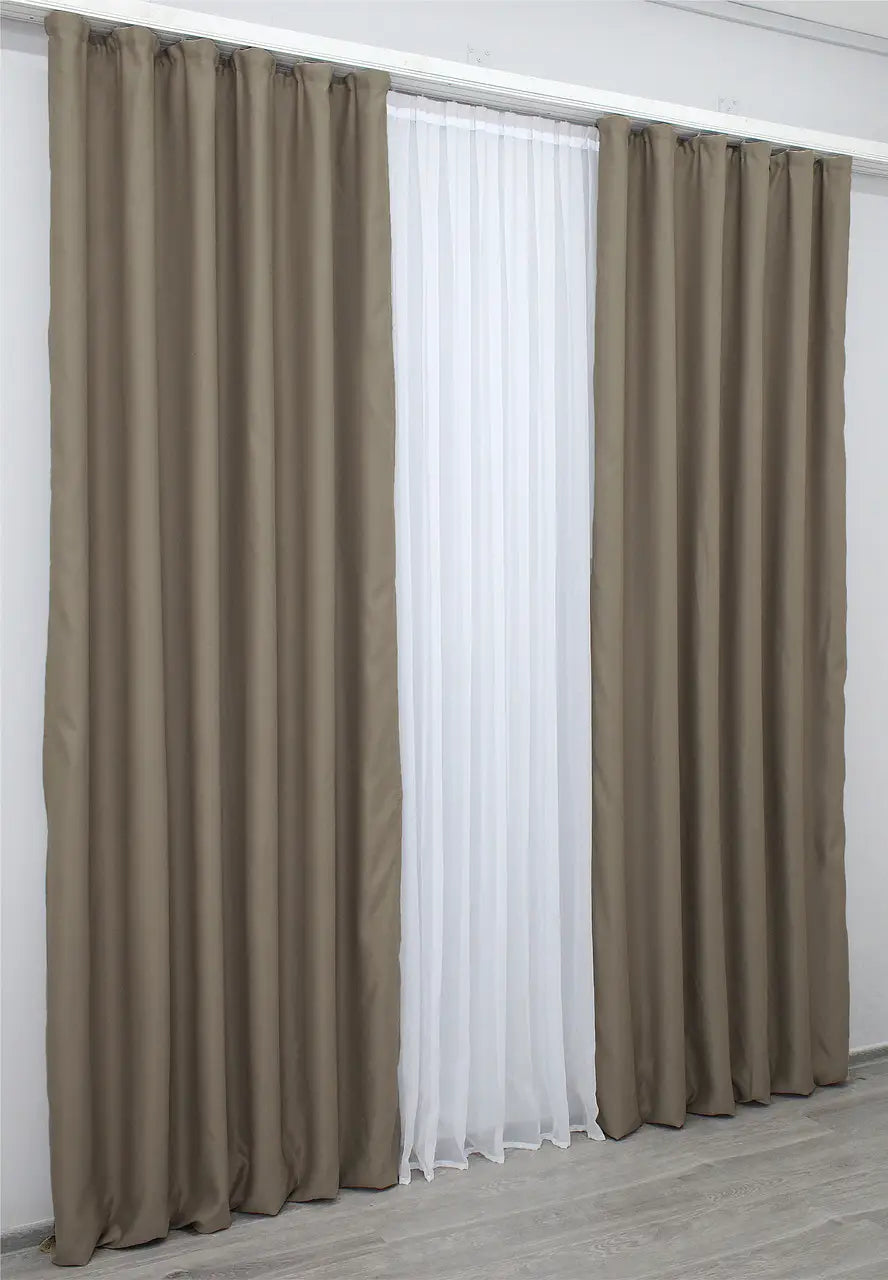 Warm walnut Fusion Dimout blackout curtains with a smooth, soft drape for added luxury.
