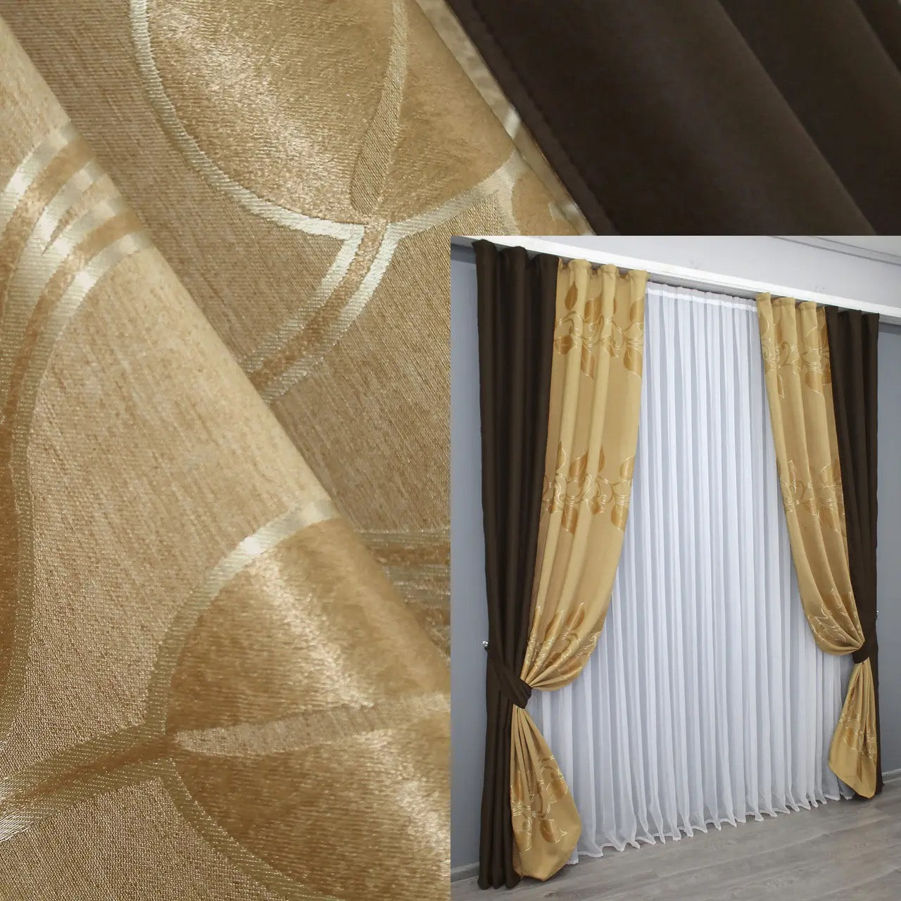 Wenge brown (dark brown, chocolate) and gold (bronze, brass) combined blackout jacquard curtains with a luxurious two-tone design, perfect for modern home interiors.