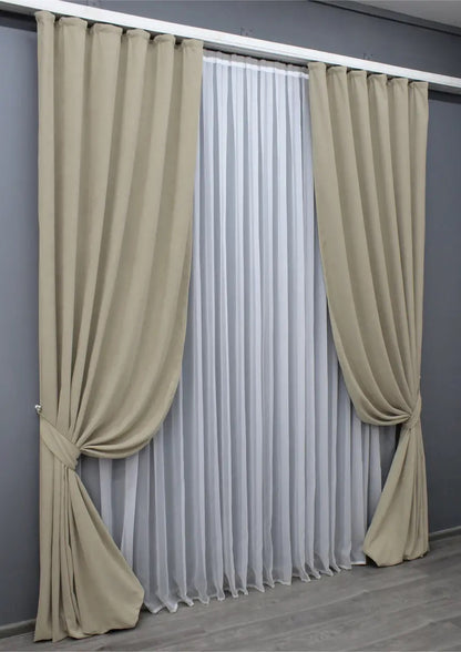 Elegant Beige Microvelvet Curtains – Set of 2 – 70% Light Blocking