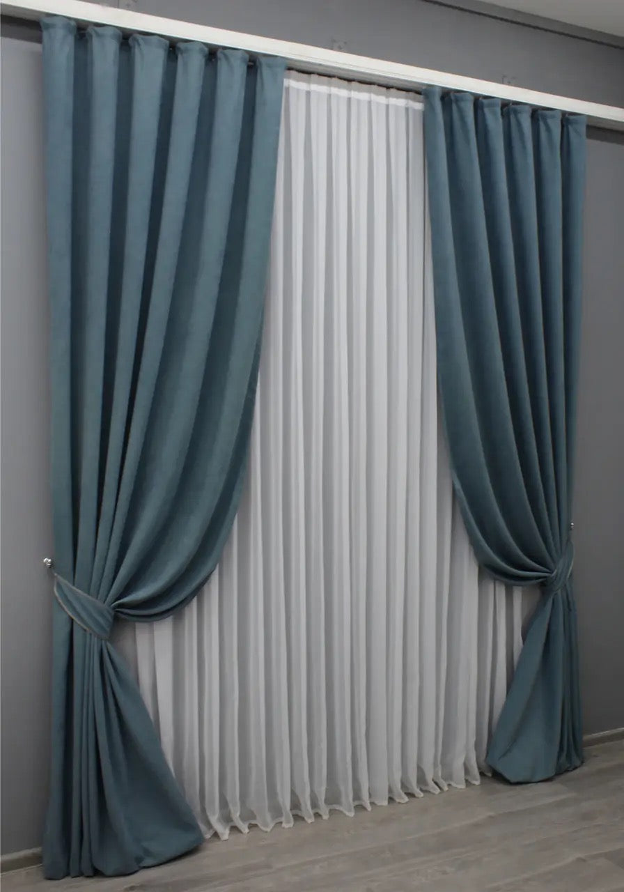 Elegant Charcoal Blue Microvelvet Curtains – Set of 2 – 70% Light Blocking