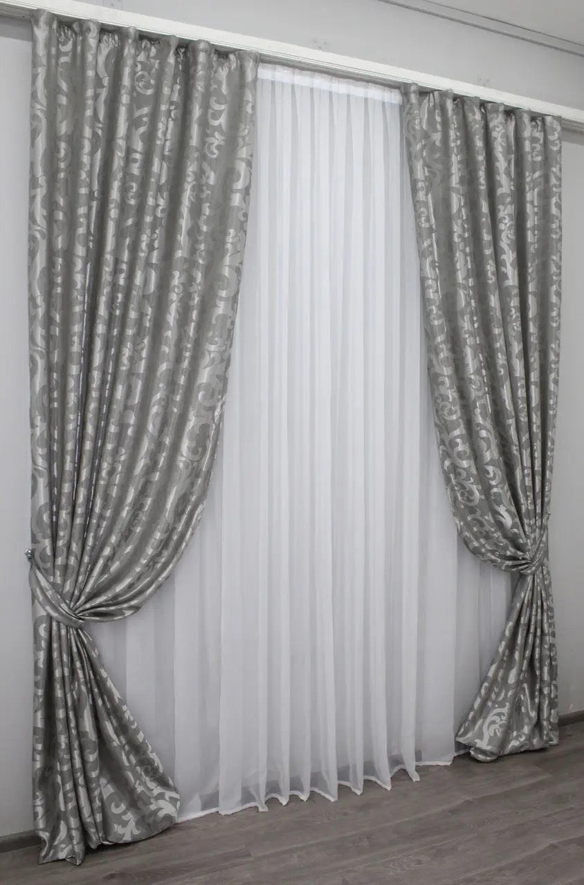 Elegant Gray Jacquard Curtains with Pattern – Set of 2 – 65% Light Blocking