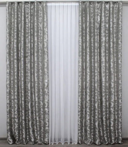 Elegant Gray Jacquard Curtains with Pattern – Set of 2 – 65% Light Blocking