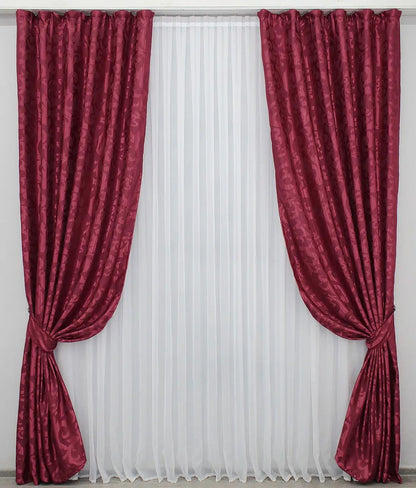 Elegant Burgundy Jacquard Curtains with Pattern – Set of 2 – 65% Light Blocking