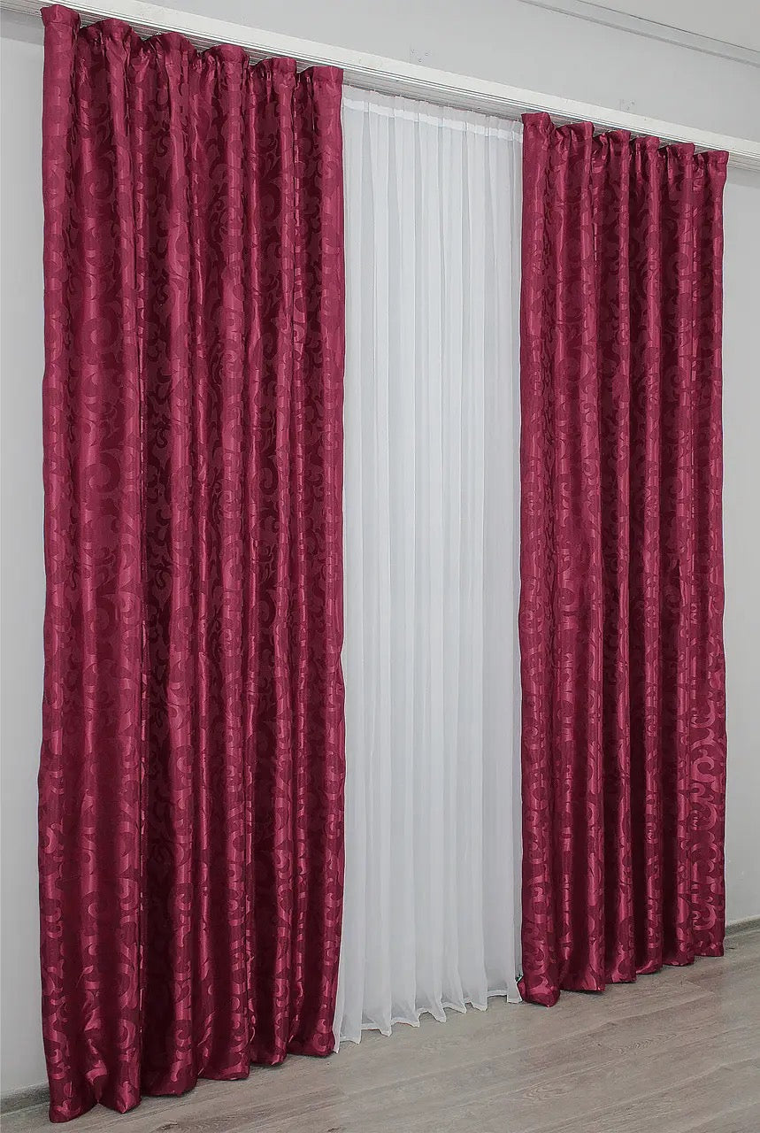 Elegant Burgundy Jacquard Curtains with Pattern – Set of 2 – 65% Light Blocking