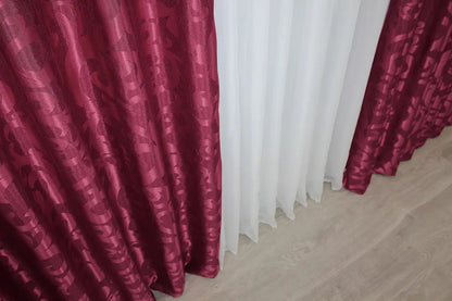 Elegant Burgundy Jacquard Curtains with Pattern – Set of 2 – 65% Light Blocking