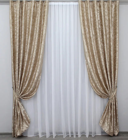 Elegant Beige Jacquard Curtains with Pattern – Set of 2 – 65% Light Blocking