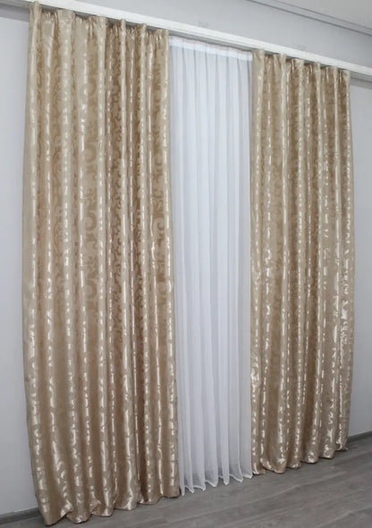 Elegant Beige Jacquard Curtains with Pattern – Set of 2 – 65% Light Blocking