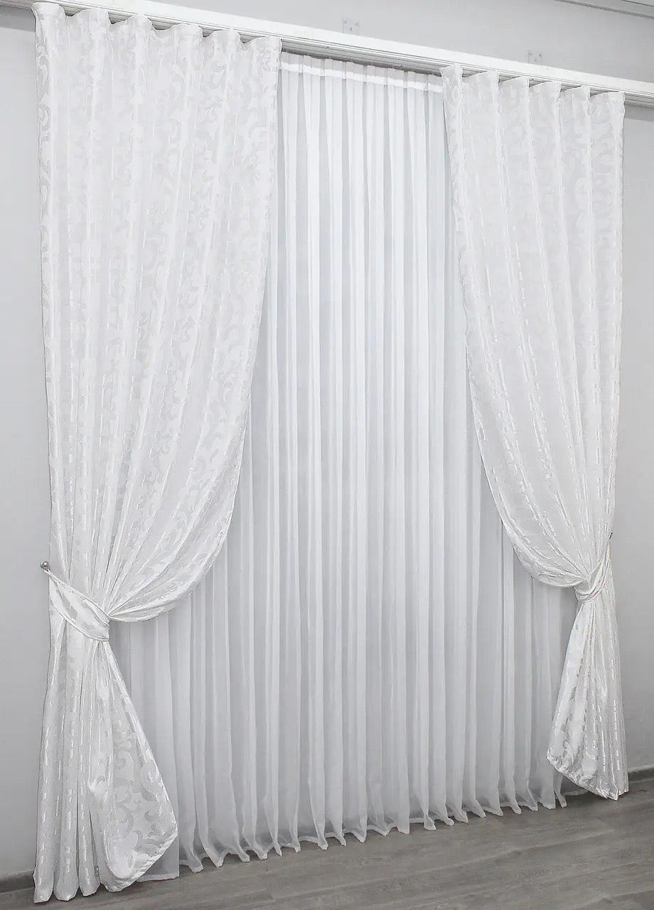 Elegant White Jacquard Curtains with Pattern – Set of 2 – 65% Light Blocking