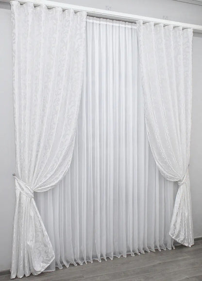 Elegant White Jacquard Curtains with Pattern – Set of 2 – 65% Light Blocking