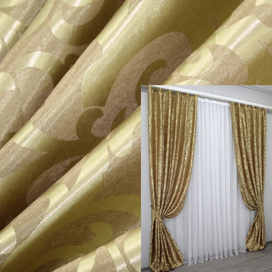 Elegant Gold Jacquard Curtains with Pattern – Set of 2 – 65% Light Blocking