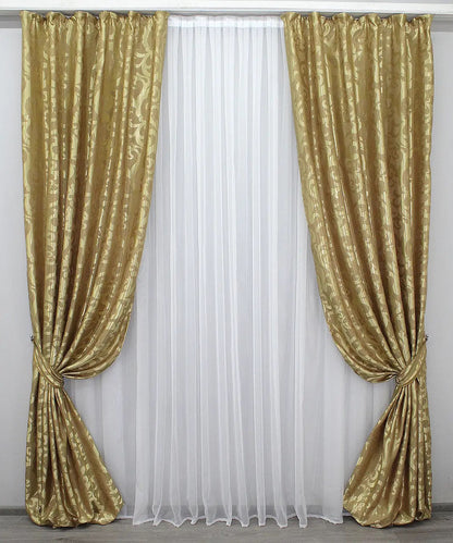 Elegant Gold Jacquard Curtains with Pattern – Set of 2 – 65% Light Blocking